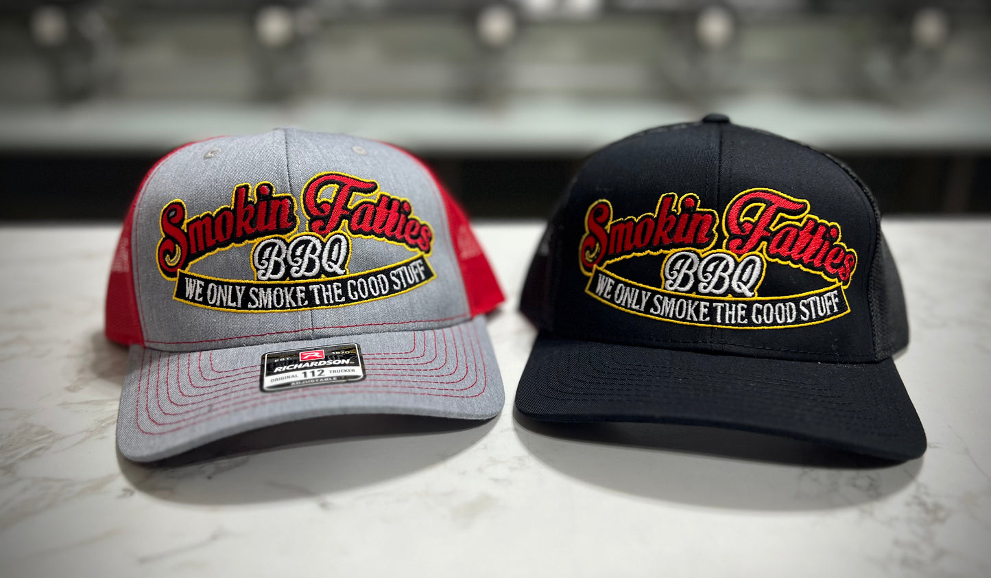 Smokin Fatties "Word Logo" Embroidered Hat ~ Grey with Red Mesh