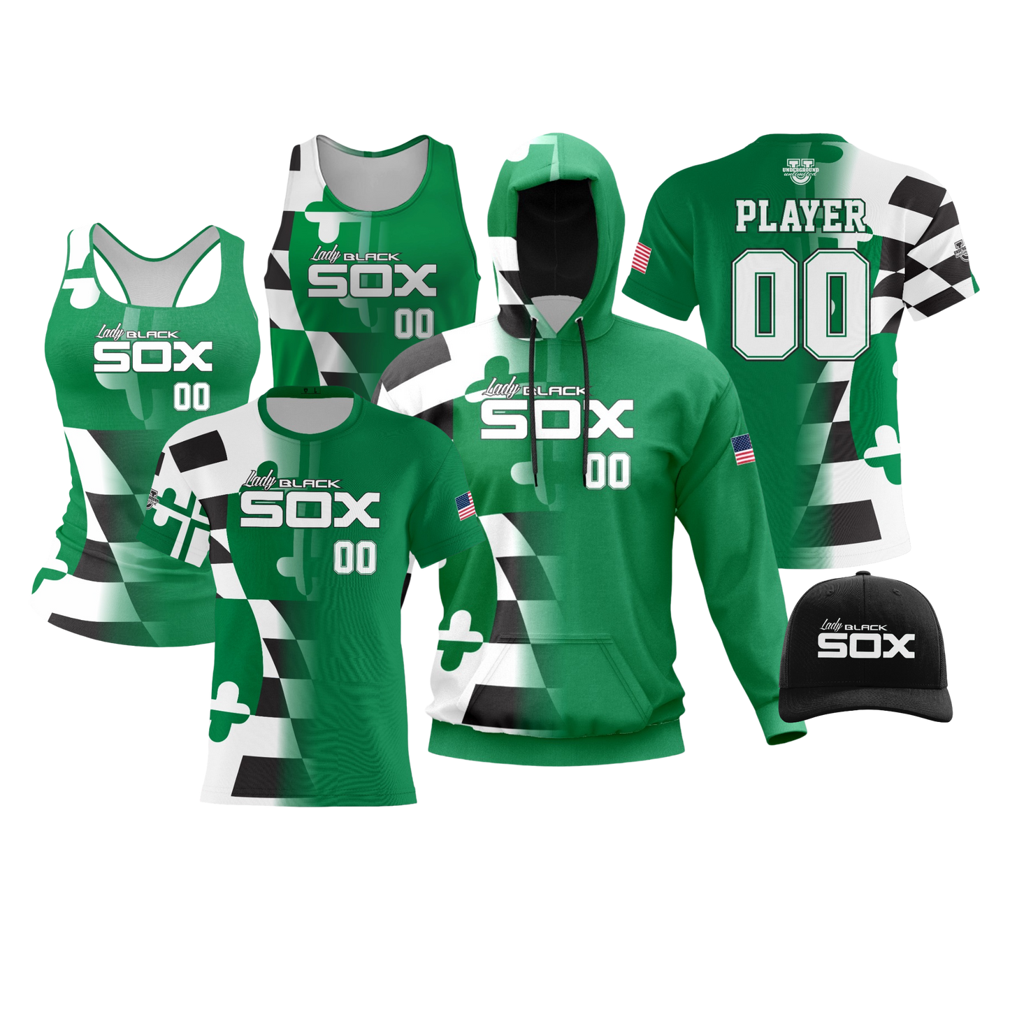 Lady Black Sox Performance Dri Tech Design ~ Green Flag Fade
