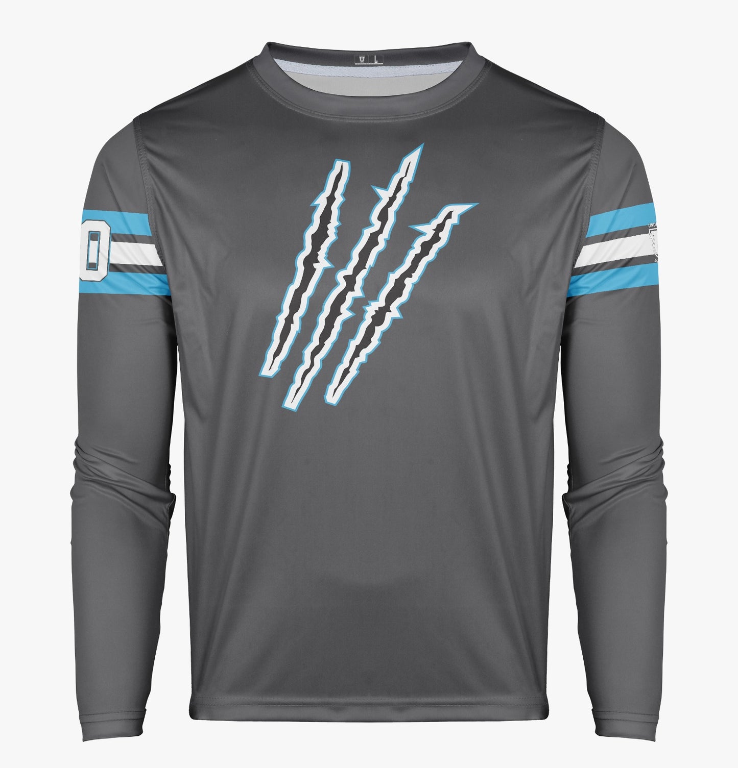 ***NEW For 2023*** Raptors Pro Performance Sun Long Sleeve ~ Grey Raptor Claws w/ Blue and White Stripes