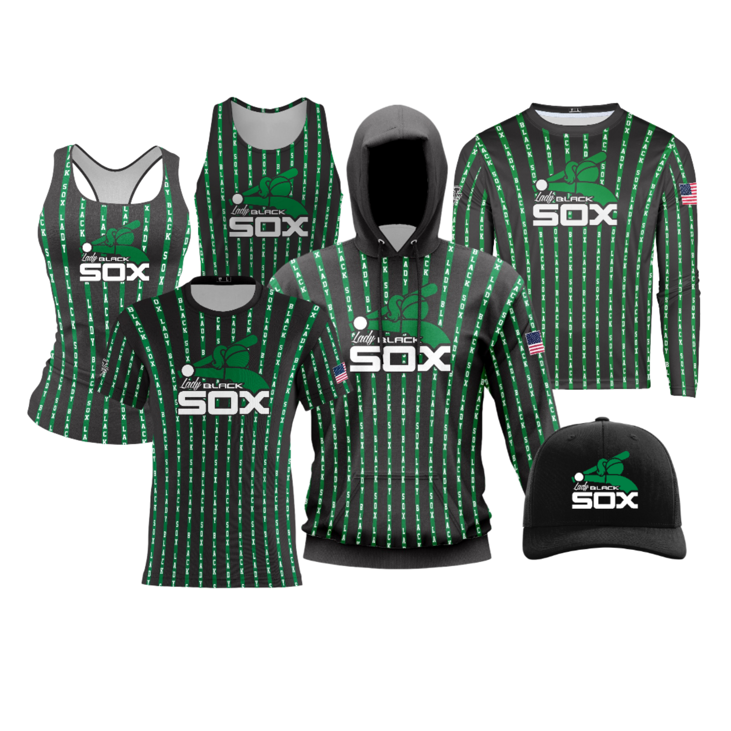 Lady Black Sox Performance Dri Tech Design ~ Black Green Wording Ribbon Pinstripes