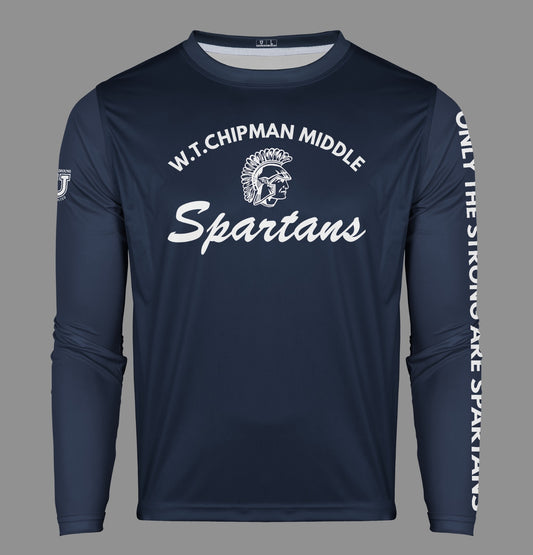 W.T. Chipman Pro Performance Sun Long Sleeve ~ Spartan Script Navy "Only the Strong are Spartans"