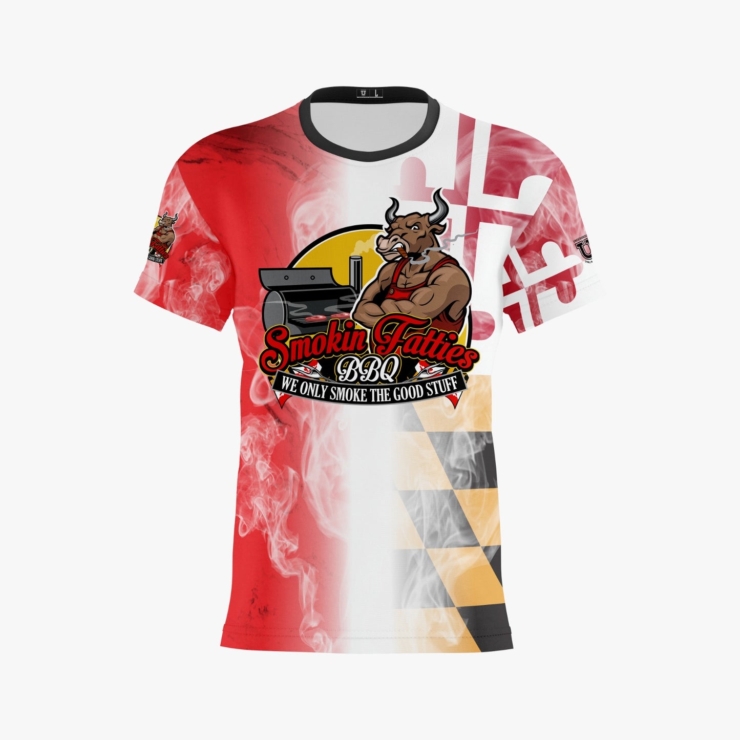 Smokin Fatties Performance Dri Tech Shirt ~ Large Logo Red Flag Fade