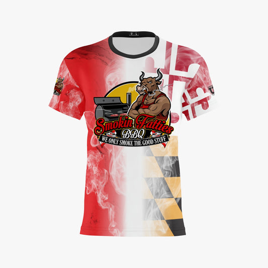 Smokin Fatties Performance Dri Tech Shirt ~ Large Logo Red Flag Fade
