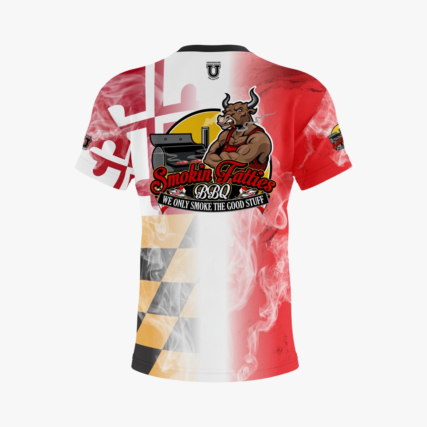 Smokin Fatties Performance Dri Tech Shirt ~ Large Logo Red Flag Fade