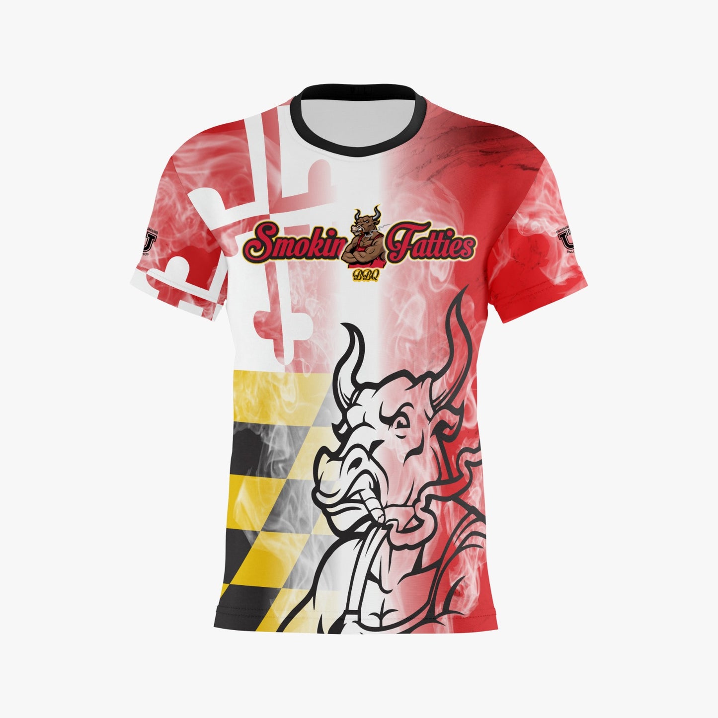 Smokin Fatties Performance Dri Tech Shirt ~ Script Logo Red Flag Fade