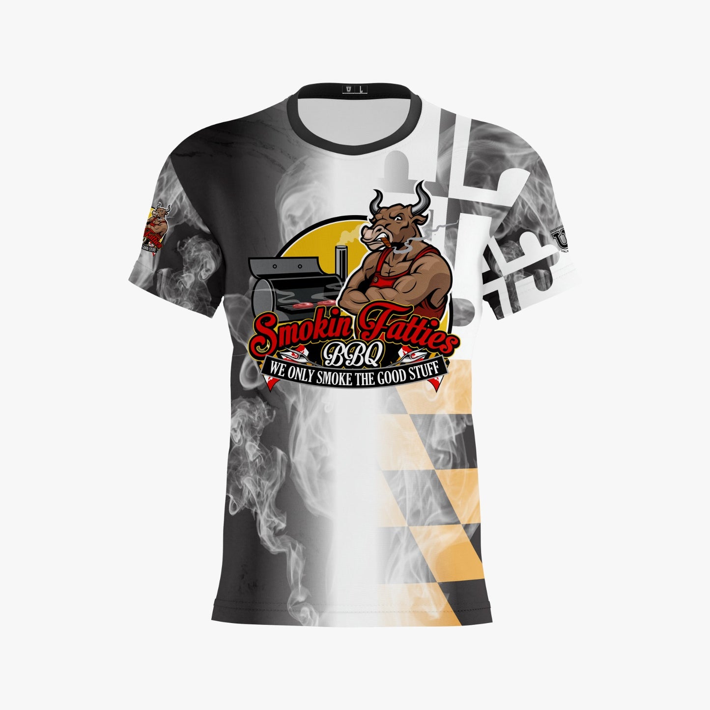 Smokin Fatties Performance Dri Tech Shirt ~ Large Logo Black Flag Fade