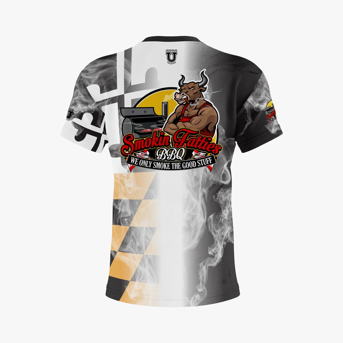 Smokin Fatties Performance Dri Tech Shirt ~ Large Logo Black Flag Fade