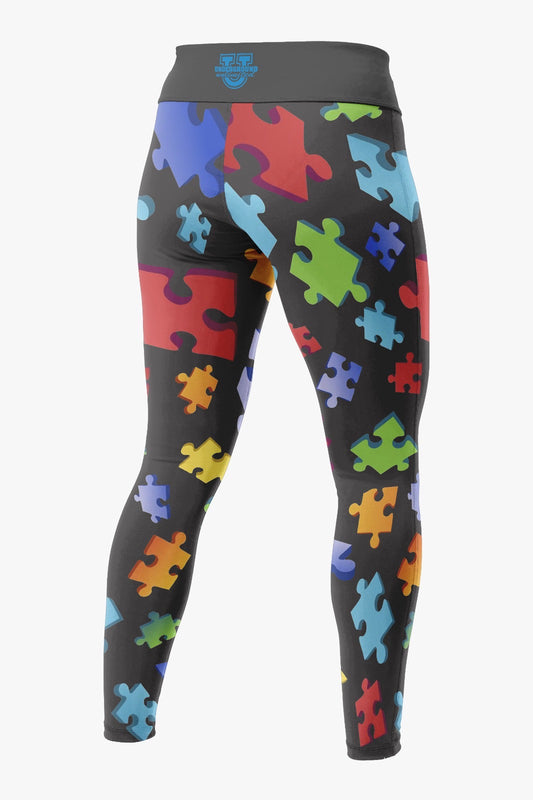 Women's Team Autism Performance Leggings ~ Black 3D Puzzle Pieces