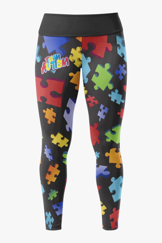 Women's Team Autism Performance Leggings ~ Black 3D Puzzle Pieces