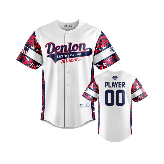 Denton Little League ***All-Stars 2025*** Full-Button Down Game Day Jersey ~ White