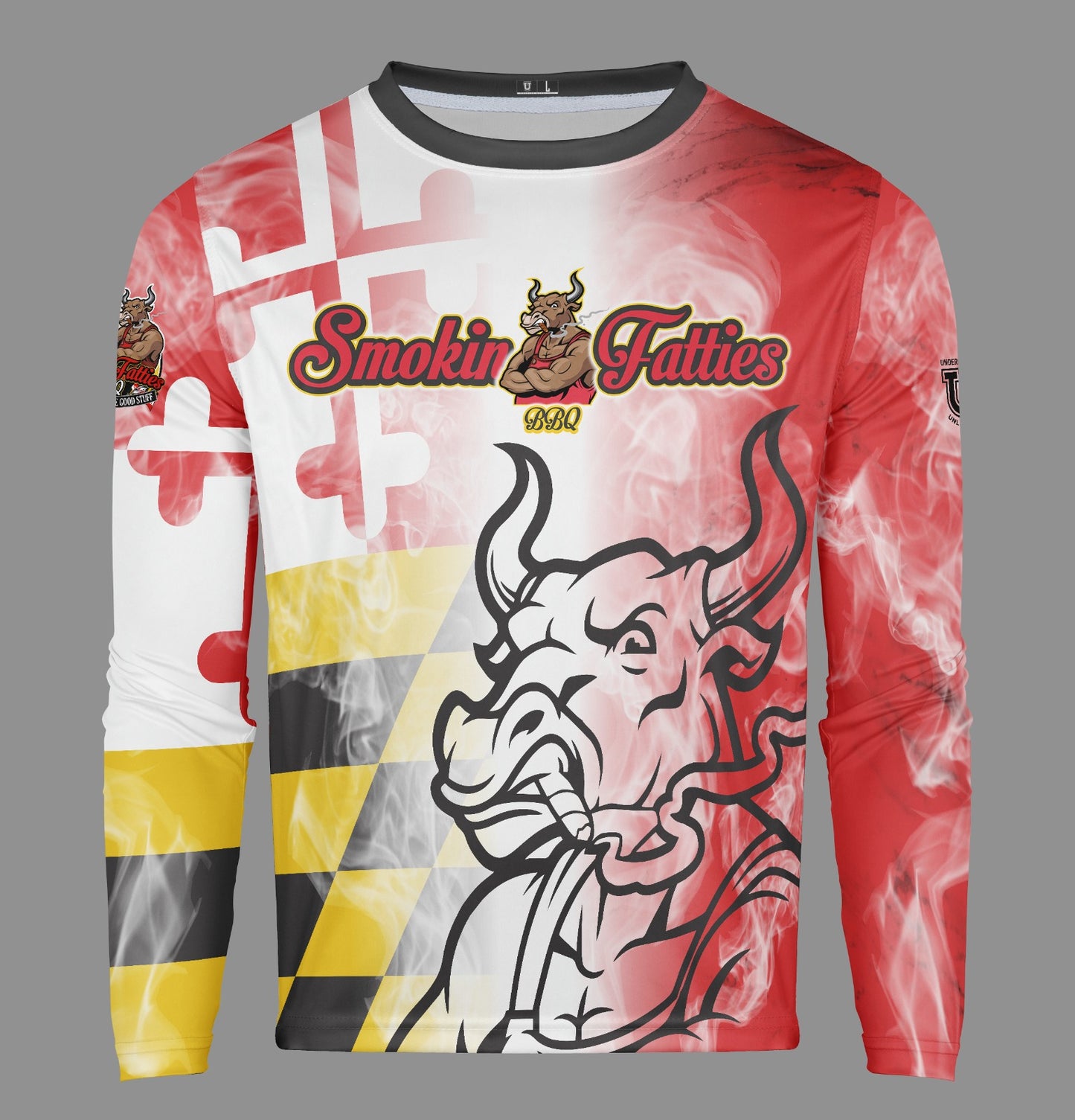 Smokin Fatties Pro Performance Sun Long Sleeve ~ Script Red Flag Fade