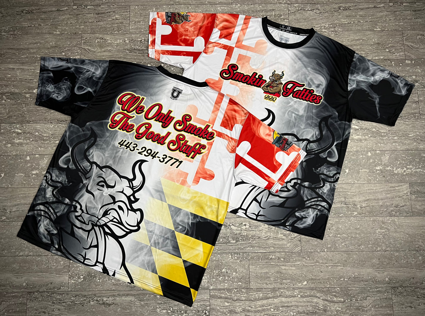 Smokin Fatties Performance Dri Tech Shirt ~ Script Logo Black Flag Fade