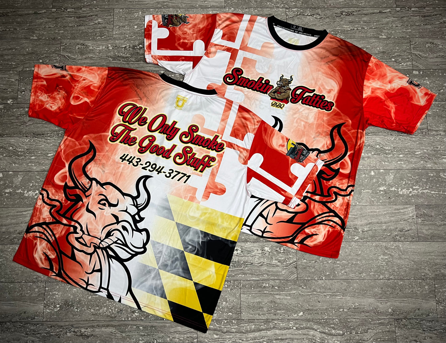 Smokin Fatties Performance Dri Tech Shirt ~ Script Logo Red Flag Fade