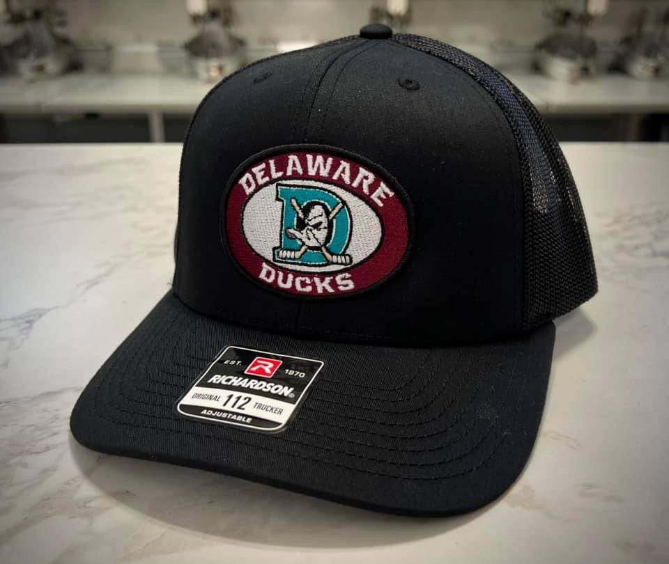Delaware Ducks Embroidered Hat ~ Round Delaware Ducks Logo {Black ~ Flexfit/Snapback}