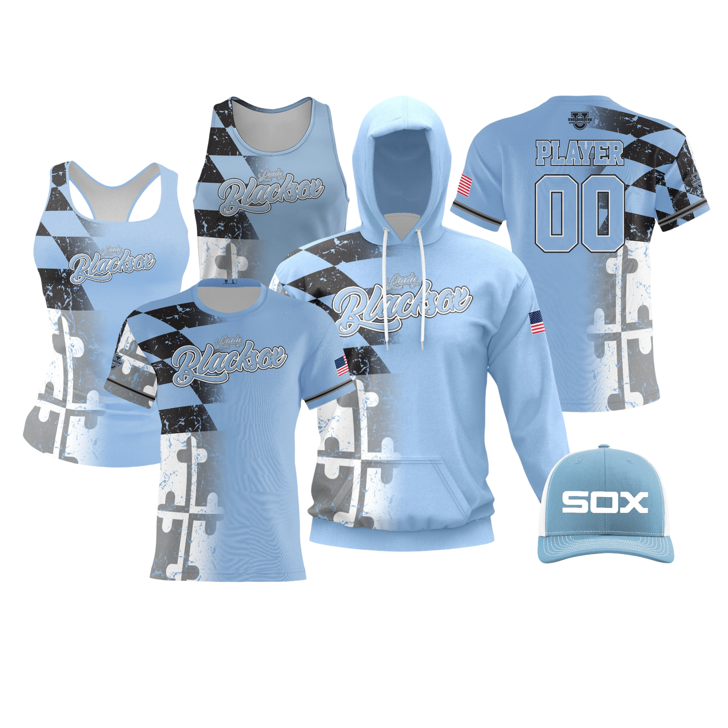 Lady Black Sox Performance Dri Tech Design ~ Columbia Blue Flag Fade