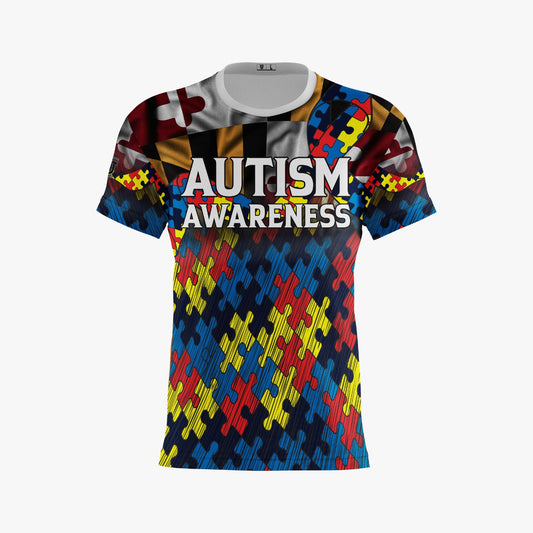 Autism Awareness Performance Apparel ~ Maryland Flag Distressed Puzzle Fade