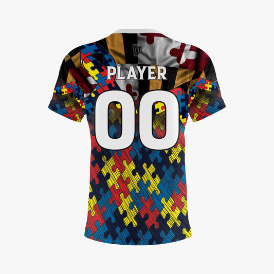 Autism Awareness Performance Apparel ~ Maryland Flag Distressed Puzzle Fade
