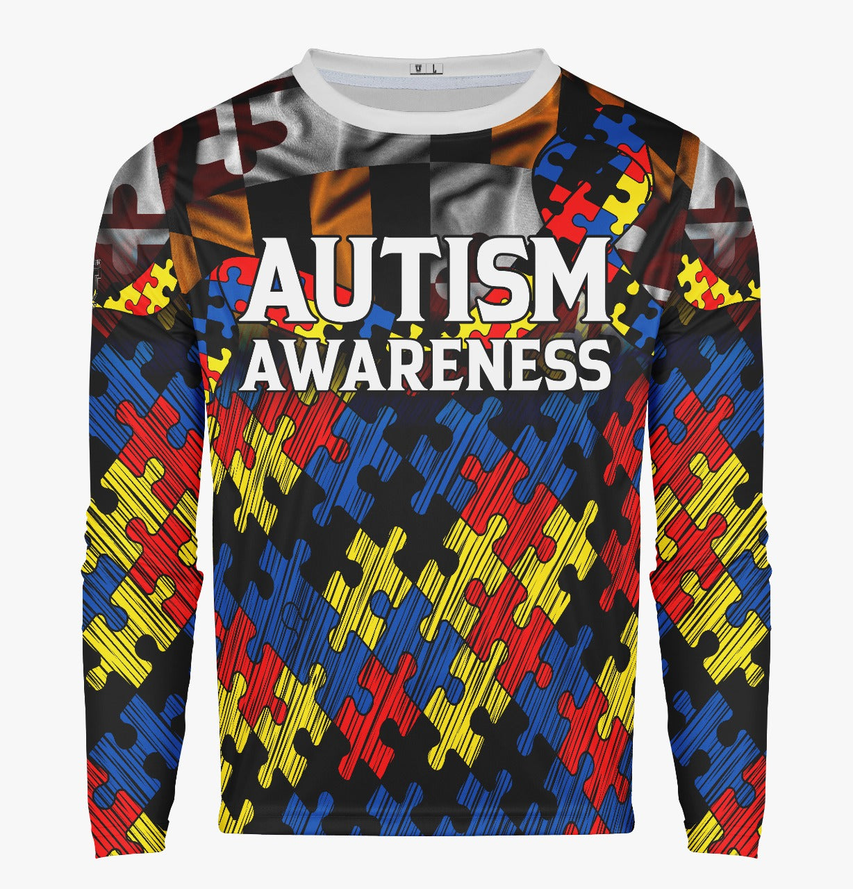 Autism Awareness Performance Apparel ~ Maryland Flag Distressed Puzzle Fade