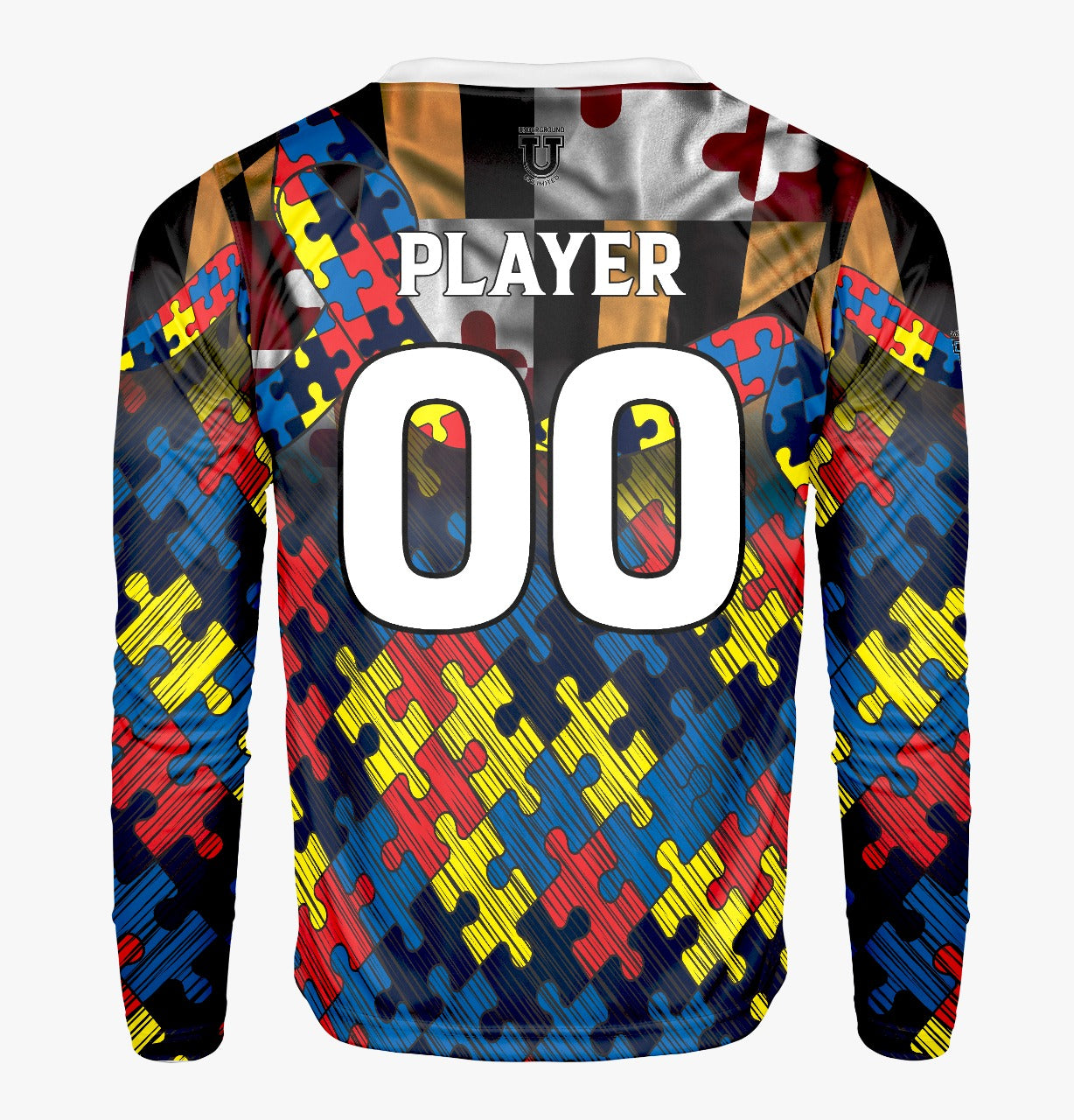 Autism Awareness Performance Apparel ~ Maryland Flag Distressed Puzzle Fade