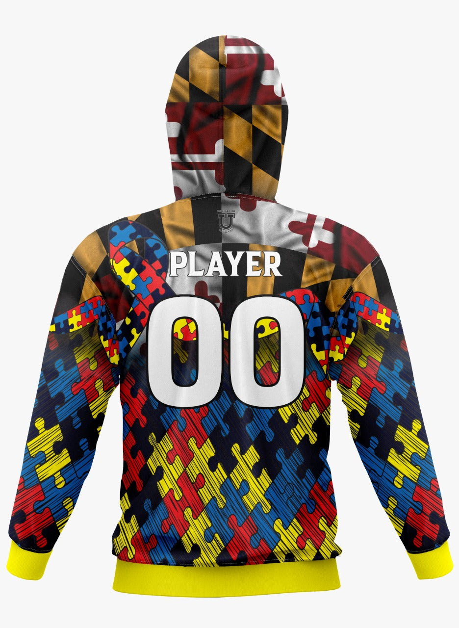 Autism Awareness Performance Apparel ~ Maryland Flag Distressed Puzzle Fade
