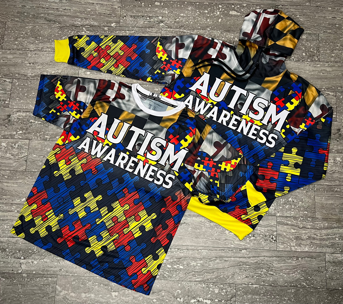 Autism Awareness Performance Apparel ~ Maryland Flag Distressed Puzzle Fade