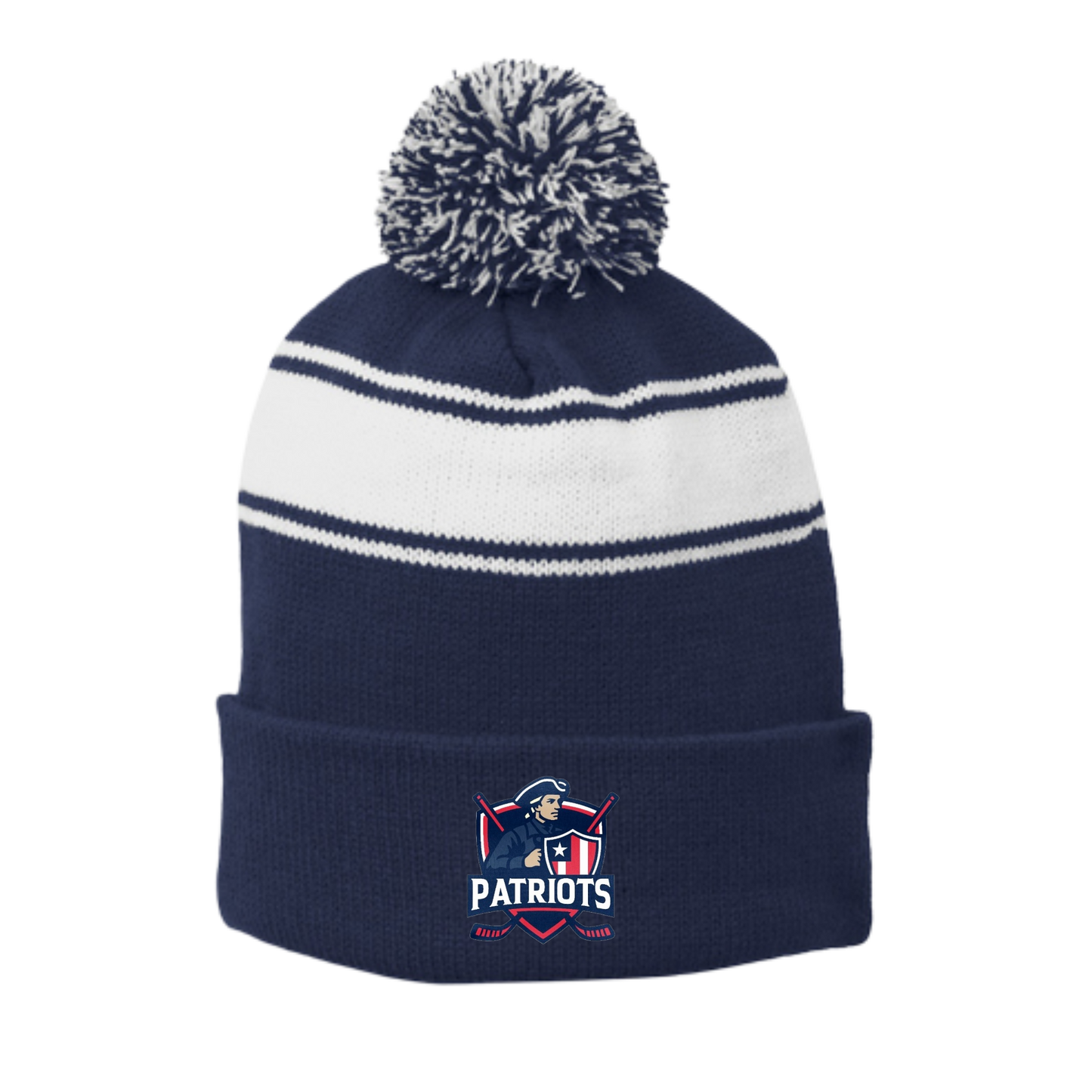 Patriots Ice Hockey Sport-Tek® Stripe Pom Beanie ~ Navy/White