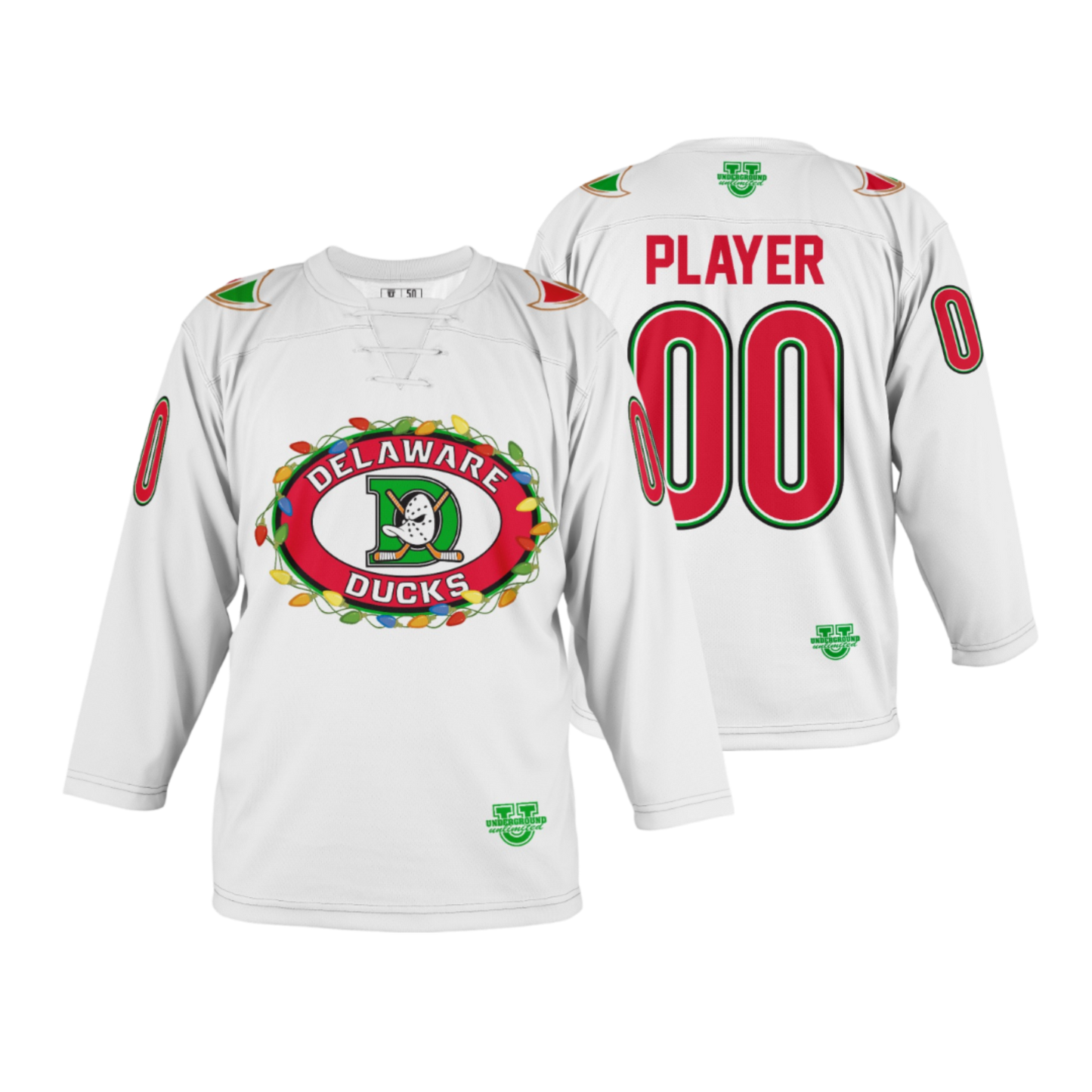 Delaware Ducks Ice Hockey Jersey - Holiday Lights {Solid White}