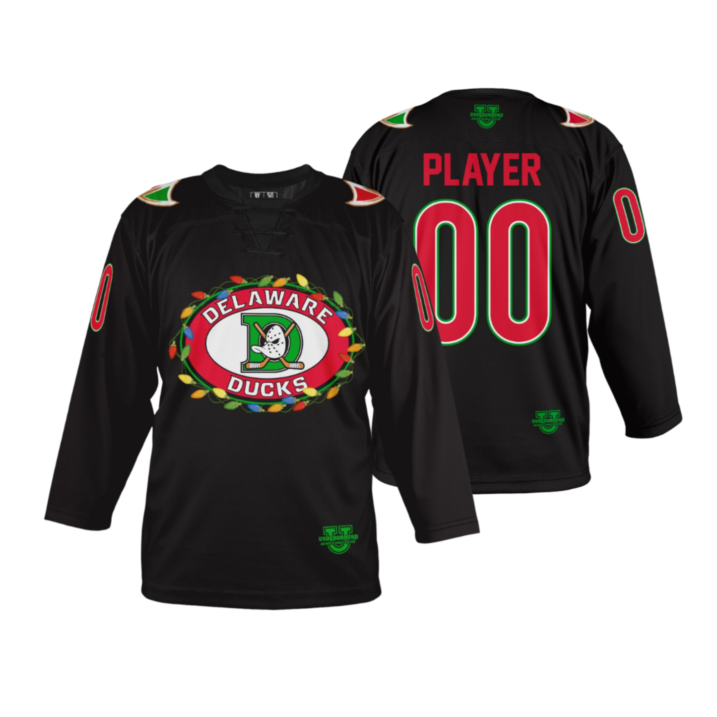 Delaware Ducks Ice Hockey Jersey - Holiday Lights {Solid Black}