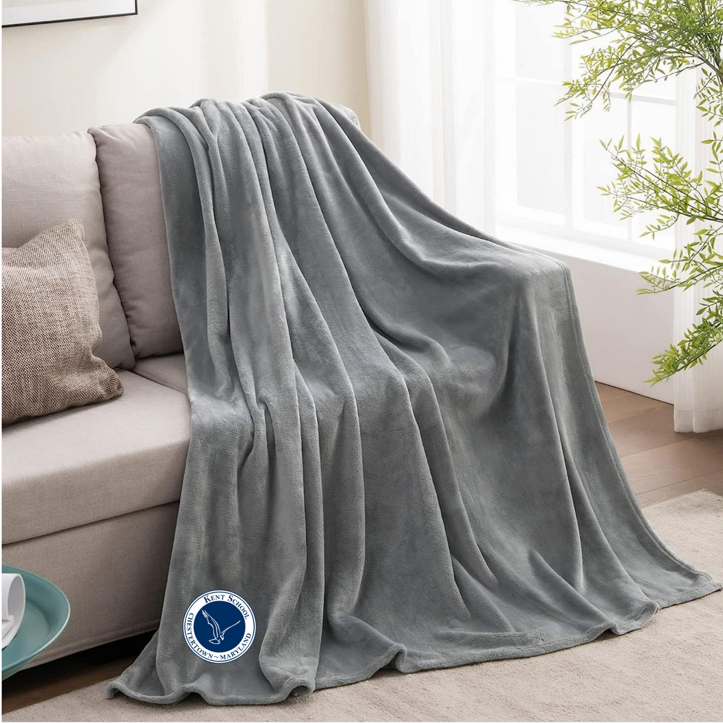 Embroidered Kent School Mountain Lodge Sherpa Lined Blanket ~ Grey