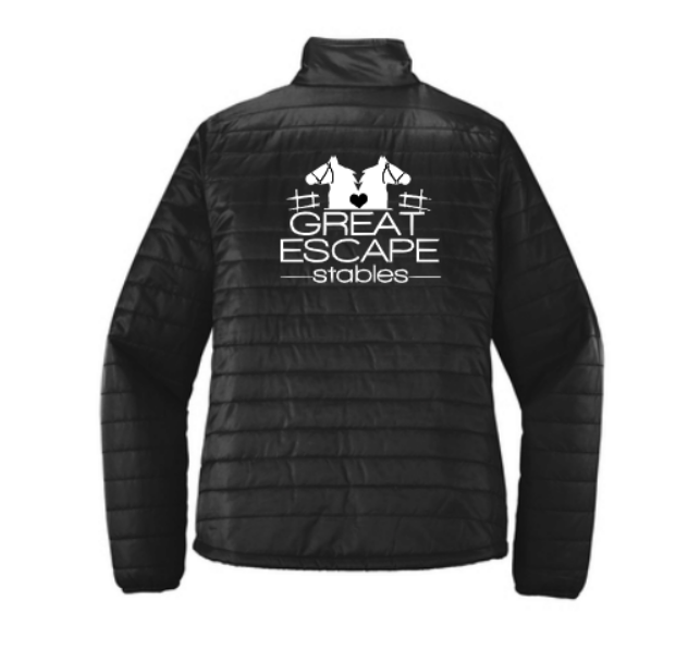Great Escape Embroidered Ladies Packable Puffy Jacket ~ Black