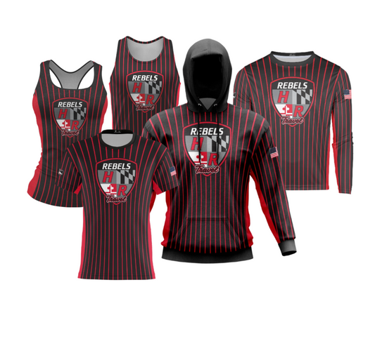 Harundale Performance Dri Tech Apparel ~ "Rebels HR Crest Travel" Black/Red Pinstripes Sidebar