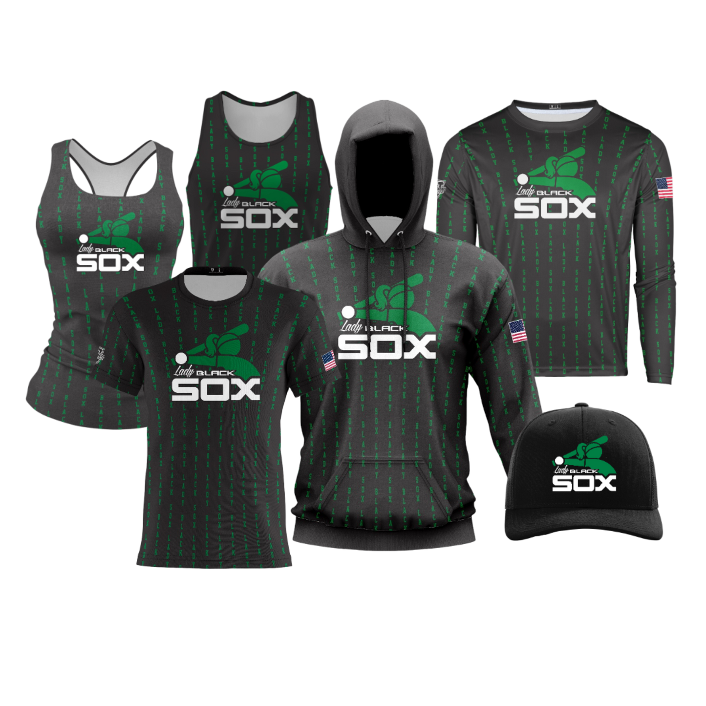 Lady Black Sox Performance Dri Tech Design ~ Black Green Wording Pinstripes