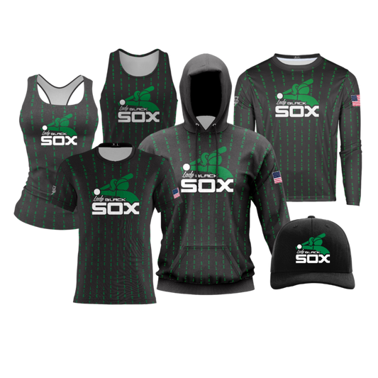 Lady Black Sox Performance Dri Tech Design ~ Black Green Wording Pinstripes