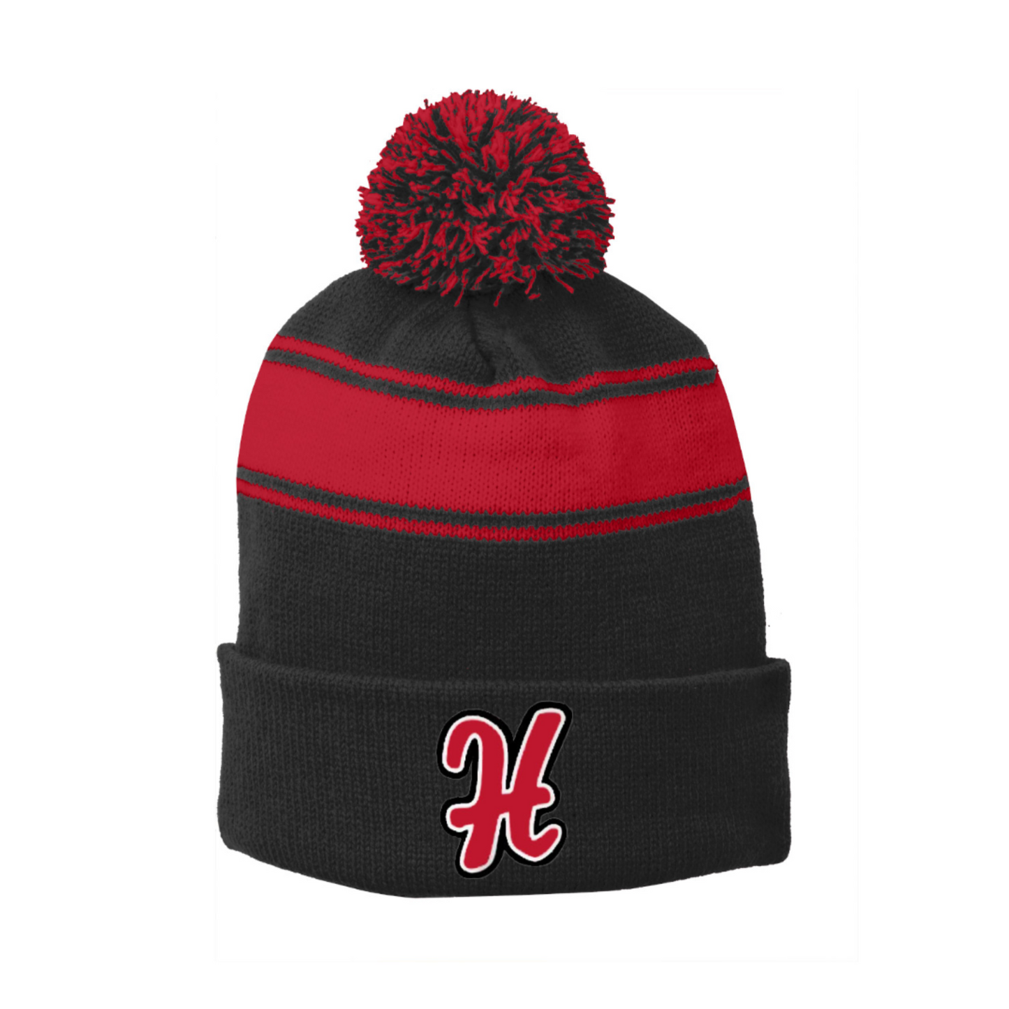 Harundale Sport-Tek® Stripe Pom Beanie ~ "H" Black/True Red