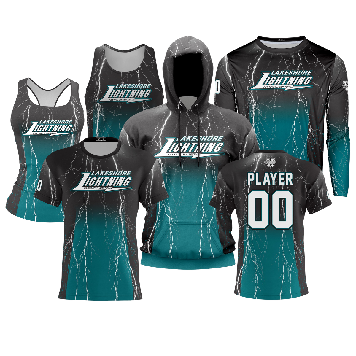 Lakeshore Performance Dri Tech Apparel ~ Jersey Replica Spring 2027 {Black Teal Ombre Lightning}