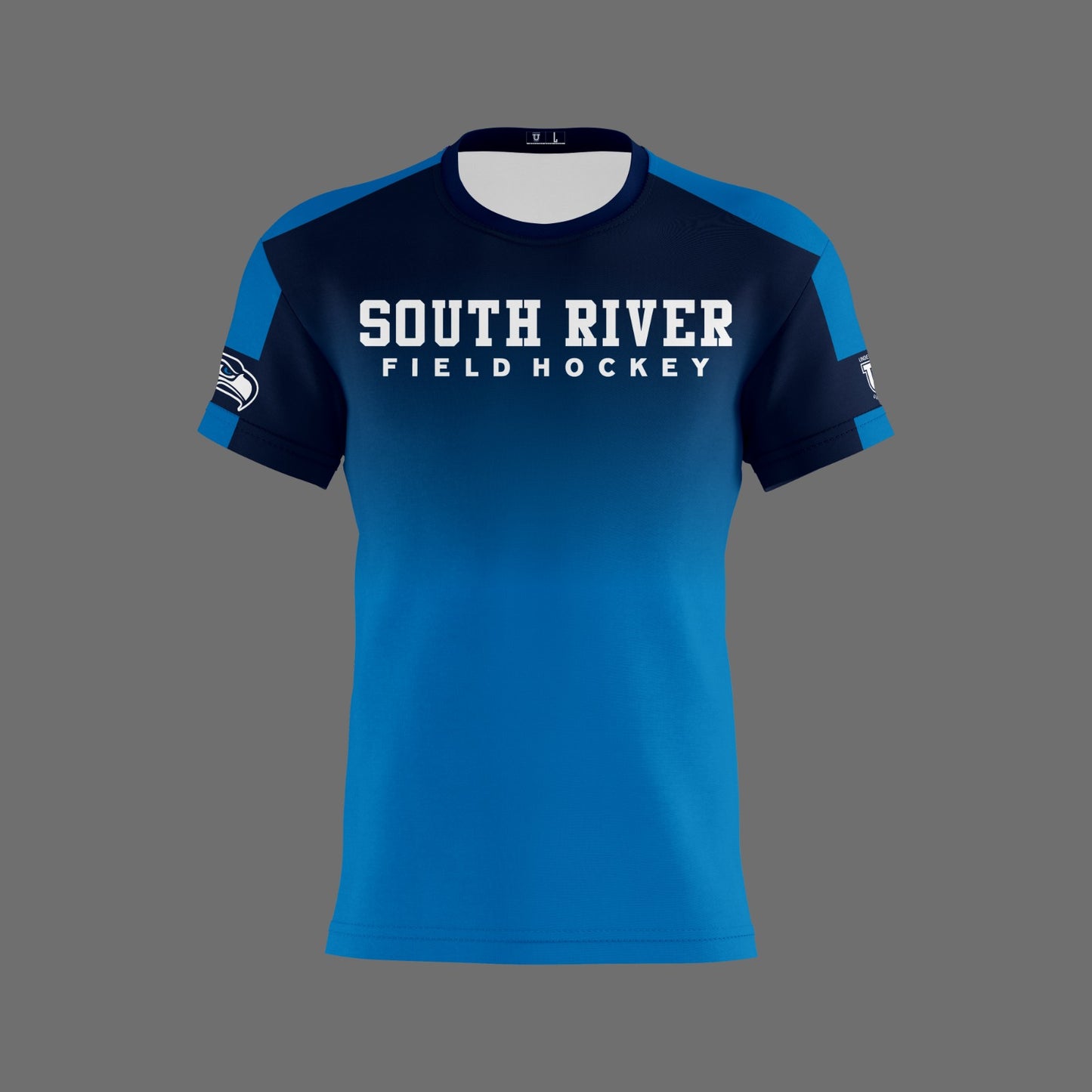 South River Field Hockey Dri Tech T-Shirt ~ Navy to Columbia Fade
