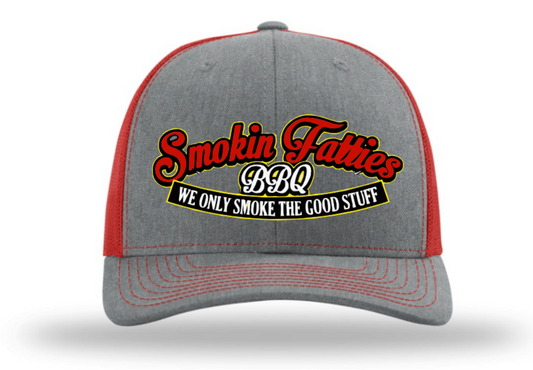 Smokin Fatties "Word Logo" Embroidered Hat ~ Grey with Red Mesh