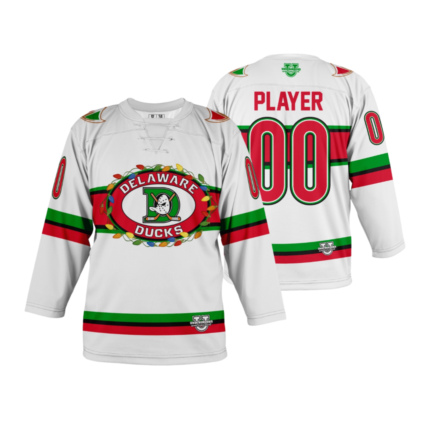 Delaware Ducks Ice Hockey Jersey - Holiday Lights {White Stripes}