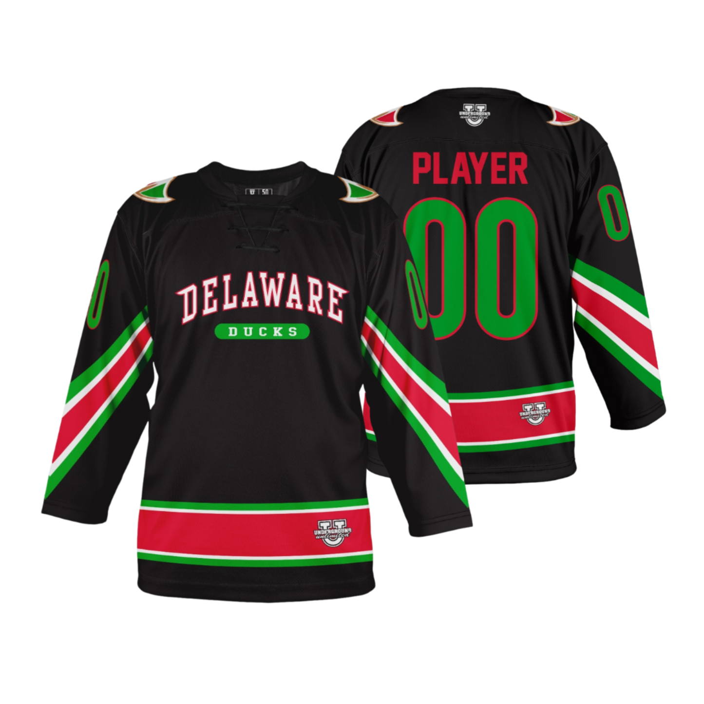 Delaware Ducks Ice Hockey Jersey - Holiday Lights {Black Stripes}