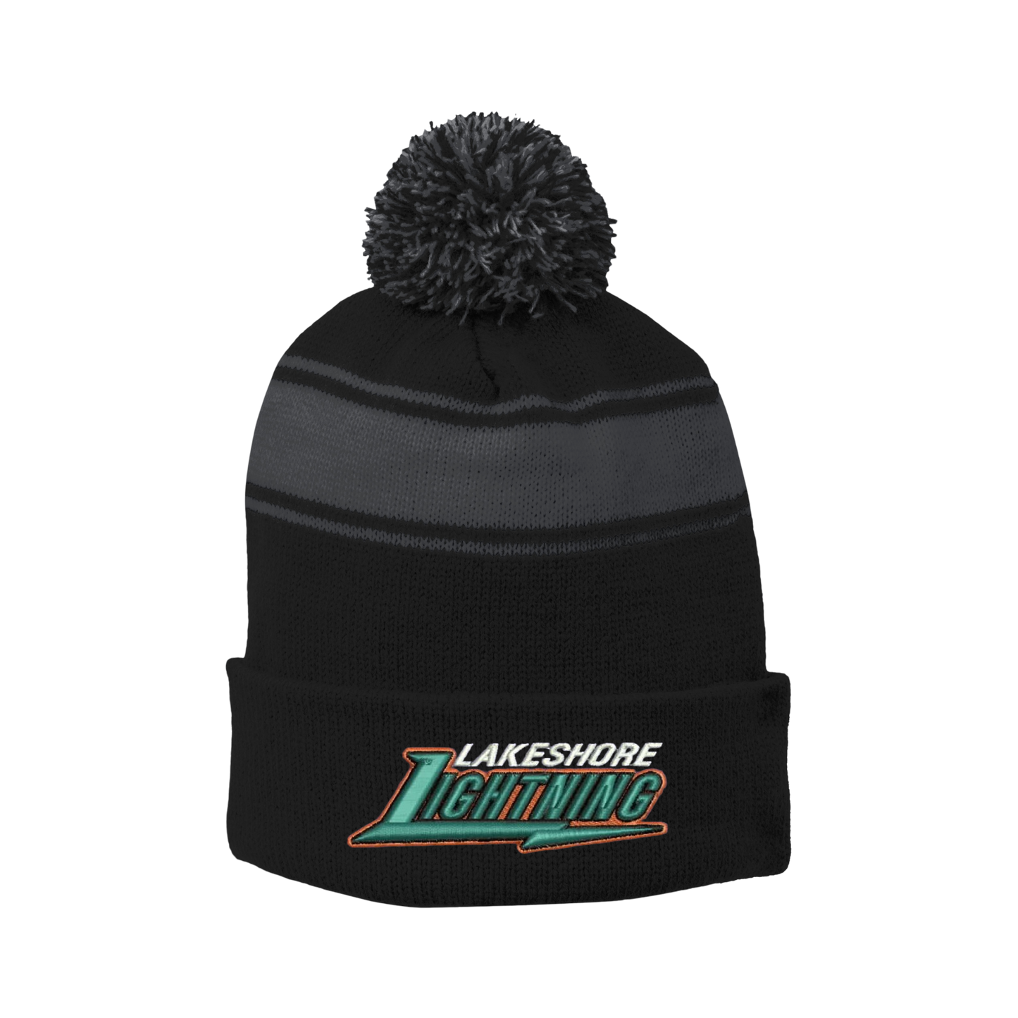 Lakeshore Sport-Tek® Stripe Pom Beanie ~ Black/Charcoal