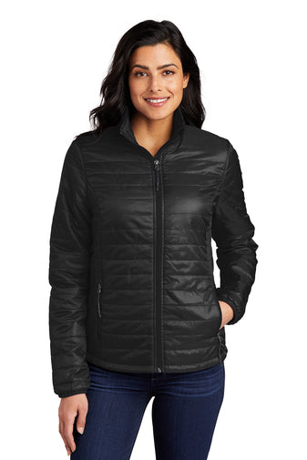 Great Escape Embroidered Ladies Packable Puffy Jacket ~ Black